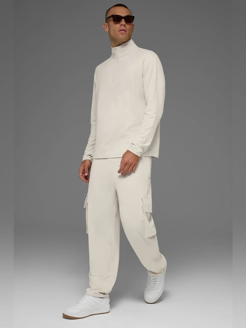Alo Double Take Long Sleeve 1/4 Zip in Bone, Size Medium